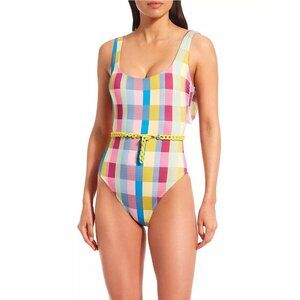 NWT Gianni Bini x Jess Southern Garden Plaid Ruffled Back Chain Belt One Piece